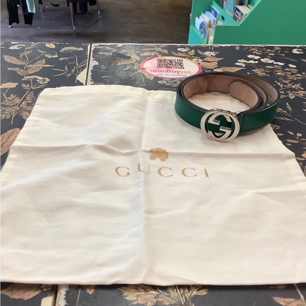 Gucci Green and Brown Leather Belt with Silver Interlocking G Hardware